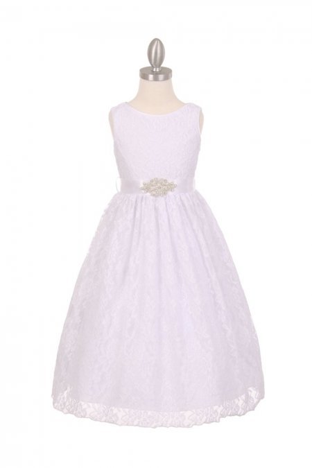 White Sleeveless Lace Flower Girl Dress With Beaded Satin Sash